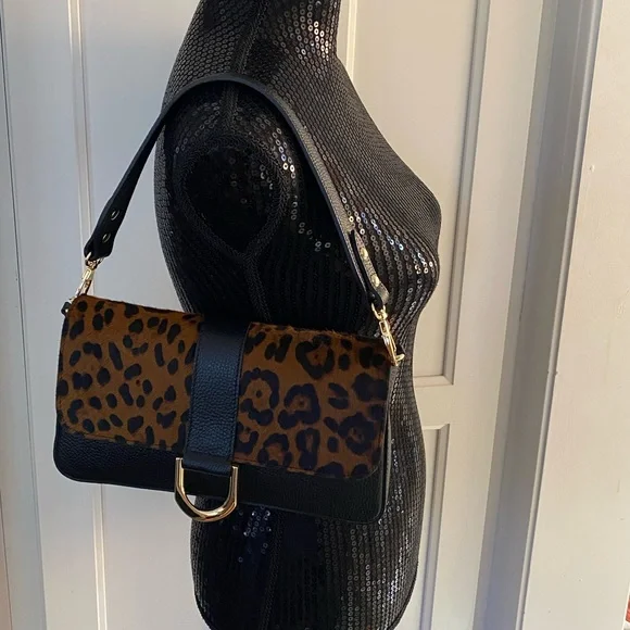 🆕 DIVINA FIRENZE 🇮🇹 Black Leather Leopard Fur Flap Shoulder/Crossbody Bag - Picture 15 of 15